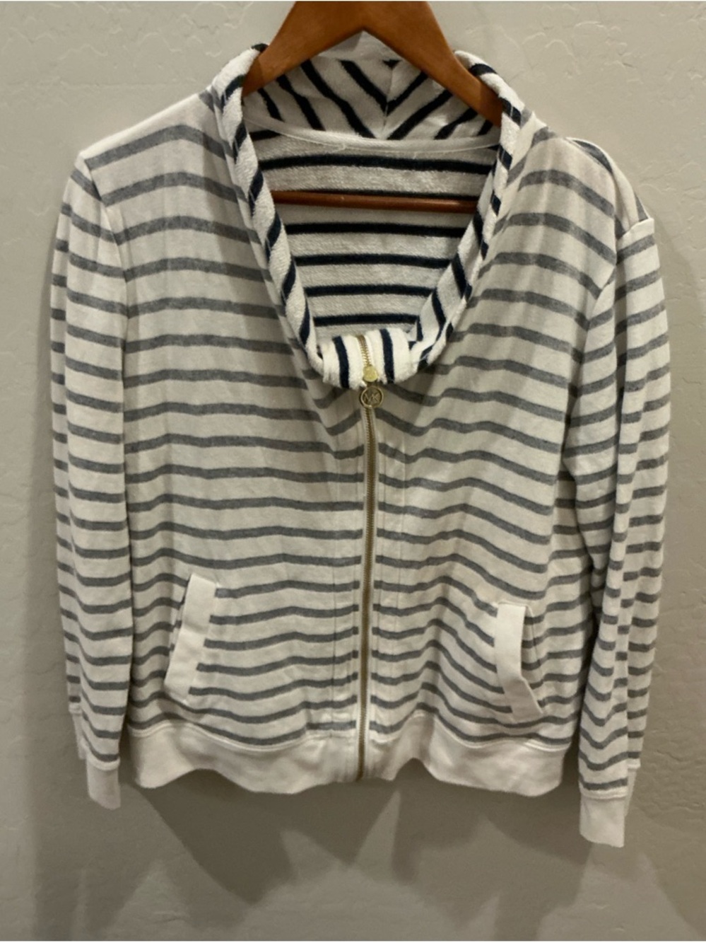 Michael Kors Striped Wide-Collar Full-Zip Hoodie Large